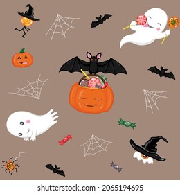 Halloween seamless pattern with ghosts, bats, pumpkins and sweets on brown background