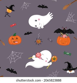 Patrón ininterrumpido de Halloween con fantasmas, murciélagos, calabazas y dulces sobre fondo morado