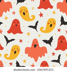 Halloween seamless pattern with ghosts, bats ans stars on white background. Perfect for wallpaper, gift paper, seasonal greeting cards. Vector illustration