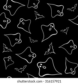 Halloween seamless pattern with ghosts and bats on black background. Vector illustration.
