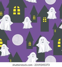 Halloween seamless pattern with ghosts and black silhouettes of houses. Vector graphics