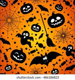 Halloween seamless pattern. Halloween pattern with ghosts, bones, bats,pumpkins, spider web, broom and candy on orange background. Cartoon Halloween pattern.