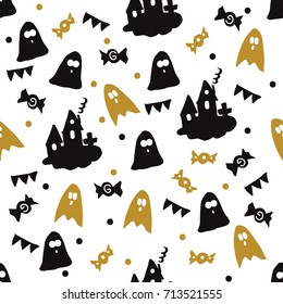 Halloween seamless pattern with ghosts, candies and haunted houses. Vector illustration.