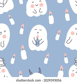Halloween seamless pattern with ghosts and candles. Perfect for T-shirt, textile and prints. Hand drawn vector illustration for decor and design.

