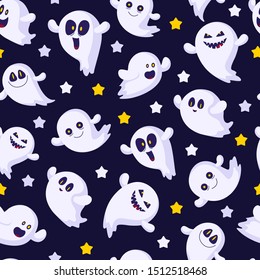 Halloween seamless pattern with ghosts emoji, stars on dark blue background, funny and scary characters with various facial expressions, traditional holiday magiс creature, flat vector texture 