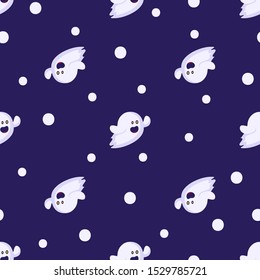 Halloween seamless pattern with ghosts emoji on dark blue background, funny and scary characters with facial expressions, traditional holiday magic creature, flat vector texture