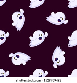 Halloween seamless pattern with ghosts emoji on dark blue background, funny and scary characters with facial expressions, traditional holiday magic creature, flat vector texture