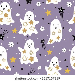 Halloween seamless pattern with ghosts, flowers, stars and dots on a purple background, perfect for kids clothes, prints and wallpapers.