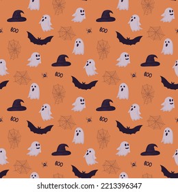 halloween seamless pattern with ghosts, hat and spider web