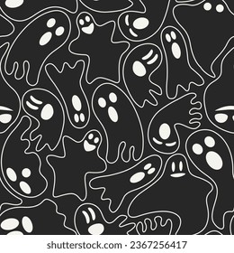 Halloween Seamless Pattern with Ghosts in Linear Style. Background for Halloween Design. Vector Black and White Ghost Repeat Texture. Cute Minimal Holiday Print for Home Decor, Fabric, Wrapping.