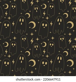 Halloween seamless pattern with ghosts, moon, stars. Gold lines and fill on a black background.