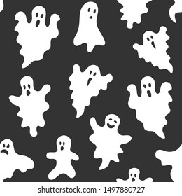 Halloween. Seamless pattern with ghosts on black background. Wallpaper, wrapping, packaging, texture, paper. Vector illustration in flat style.