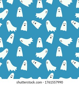Halloween seamless pattern ghosts on a blue background. Fanny vector illustration for Halloween design