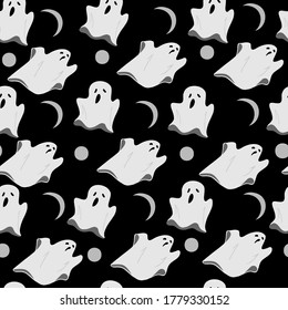 halloween seamless pattern with ghosts on the black background