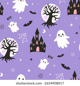 Halloween seamless pattern with ghosts on a purple background. Vector graphics.