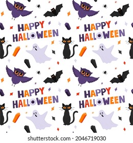 Halloween seamless pattern with ghosts, owls, a cat and Happy Halloween words. Flat cartoon elements on a white background. Color backdrop for packaging. Purple, orange colors. Vector illustration.