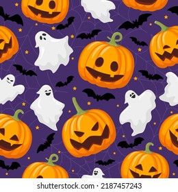 Halloween seamless pattern with ghosts, pumpkin and bats. Holiday spooky design. Vector illustration.