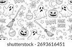 Halloween seamless pattern with ghosts, pumpkins, broomsticks, potions, spider webs, stars, moons, spooky text, magic theme, black and white