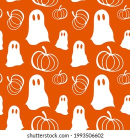Halloween seamless pattern with ghosts and pumpkins, white doodle outlines on an orange background. Holiday spooky pattern for gift paper, cards, wallpaper, decoration