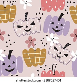 Halloween seamless pattern with ghosts, pumpkins, ghost flowers and dots. hand drawn style colorful vector holiday theme hand drawn fabric design print wrap textile