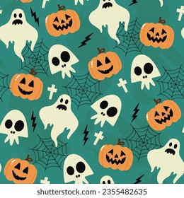 Halloween seamless pattern with ghosts, pumpkins, skulls and webs decoration on a green background. Perfect for textiles, banners, wallpapers, wrapping, background etc