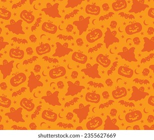 Halloween seamless pattern with ghosts, pumpkins, bats, skulls, and stars on orange background — spooky festive flat design for fabric, wrapping paper, and autumn party decorations