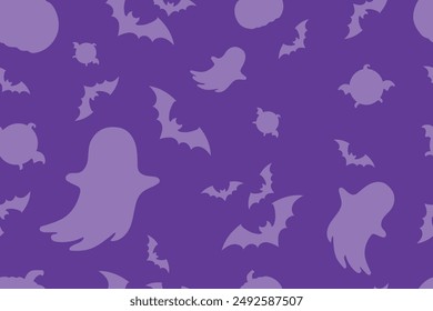 Halloween seamless pattern with ghosts, pumpkins and bats. Halloween vector backdrop. Holiday design for party decorations. Vector illustration