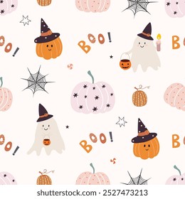 Halloween seamless pattern with ghosts and pumpkins, decorative background, festive background