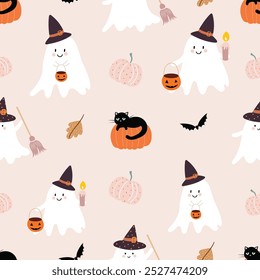 Halloween seamless pattern with ghosts, pumpkins and black cat, decorative background, festive background