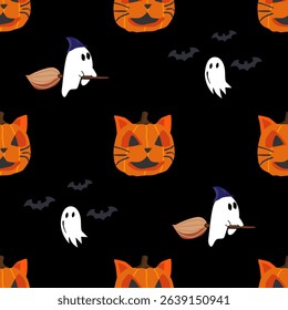 Halloween Seamless Pattern with Ghosts and Pumpkins