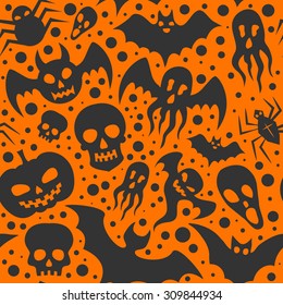 Halloween Seamless Pattern with ghosts, pumpkins, skulls