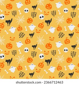 Halloween seamless pattern with ghosts skeleton pumpkins cats and spiderwebs on yellow background