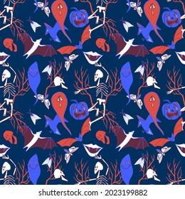 Halloween seamless pattern with ghosts, skeletons and bats