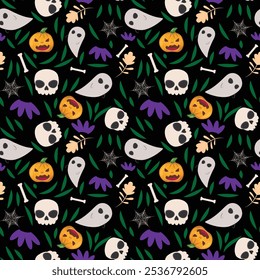 Halloween seamless pattern with ghosts, skulls, spider webs, pumpkins, flowers and bones. For textile, wrapping paper, cards