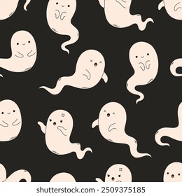 Halloween seamless pattern with ghosts, spirits. Texture for banners, wallpapers, textiles, wrapping paper. Vector illustration in flat style