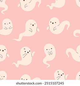 Patrón sin fisuras de Halloween con fantasmas, espíritus. Textura para Anuncios, Fondos de pantalla, textiles, papel de embalaje. Ilustración vectorial en estilo plano