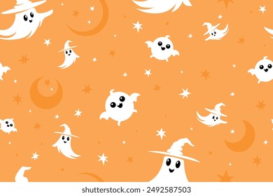 Halloween seamless pattern with ghosts, stars, moon and  witches. Halloween vector backdrop. Holiday design for party decorations. Vector illustration