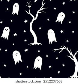 Dia das Bruxas padrão perfeito. Fantasmas com árvores e estrelas isoladas sobre fundo preto. Ilustração vetorial.