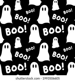 Halloween seamless pattern with ghosts and the words "Boo!". White doodle outlines on a black background. Holiday spooky pattern for gift paper, cards, wallpaper, decoration