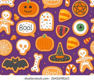 Halloween seamless pattern. Halloween gingerbreads on a dark purple background. Skeleton, pumpkin, jack-o'-lantern, ghost, skull, bat, hat, sweets. Design for wrapping paper, print.