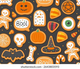 Halloween seamless pattern. Halloween gingerbreads on a black background. Skeleton, pumpkin, jack-o'-lantern, ghost, skull, bat, hat, sweets. Design for wrapping paper, print.
