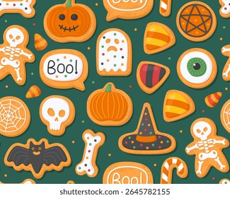 Halloween seamless pattern. Halloween gingerbreads on a black background. Skeleton, pumpkin, jack-o'-lantern, ghost, skull, bat, hat, sweets. Design for wrapping paper, print.