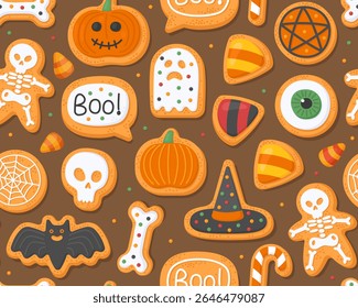 Halloween seamless pattern. Halloween gingerbreads on a brown background. Skeleton, pumpkin, jack-o'-lantern, ghost, skull, bat, hat, sweets. Design for wrapping paper, print.