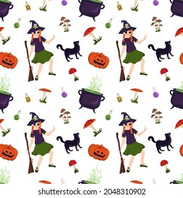 Halloween seamless pattern with girl witch, black cat, pumpkin, toadstool and fly agarics. Festive print with October holiday elements