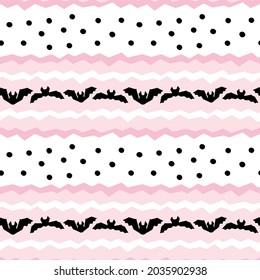 Halloween seamless pattern for girls. Cute polka dot vector design with bat border for fabric or party decoration. 