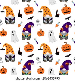 Halloween seamless pattern with gnomes, scary pumpkins, ghosts, potions, black candles. Vector illustration. Isolated on white background.