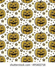 Halloween seamless pattern with gold pumpkin.Beautiful vector background in sketch style  for decoration halloween designs. Cartoon pumpkins repeat backdrop.