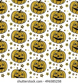 Halloween seamless pattern with gold pumpkin.Beautiful vector background in sketch style for decoration halloween designs. Cartoon pumpkins repeat backdrop.