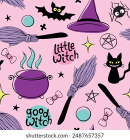 Halloween seamless pattern with good little wicth symbols - cat, bat, broom, witch hat, pentagram and cauldron. Power girls theme. Holiday decor