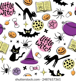 Halloween seamless pattern with good little wicth symbols - cats, magic book, witch hat, pentagram and cauldron. Power girls theme. Cute holiday kids decor